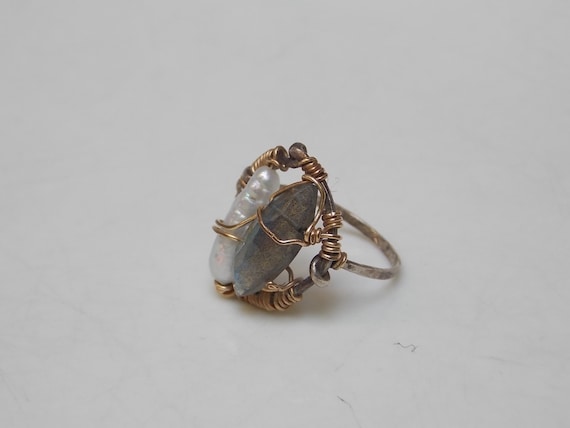 Artisan Delicate Silver Gold Wire Ring, Natural P… - image 2