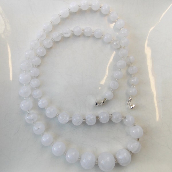 Vintage Long White Luminescent Plastic Graduated Pearl Necklace, Restrung with Glass Seed Beads and Magnet Clasp
