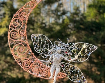 Luv to the Moon Faerie and Cresent Moon Wire Sculpture... CUSTOM ORDER!