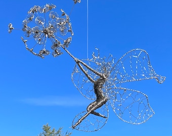 Faerie’s Wish!  Stainless Steel Wire Sculpture Faerie and Seeding Dandelion Flower... CUSTOM ORDER