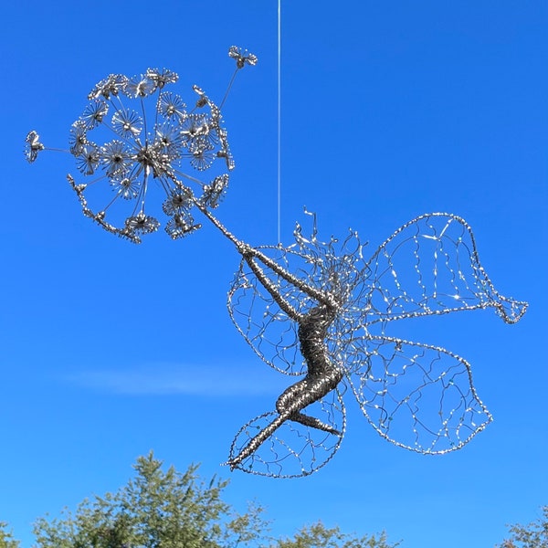 Faerie’s Wish!  Stainless Steel Wire Sculpture Faerie and Seeding Dandelion Flower... CUSTOM ORDER