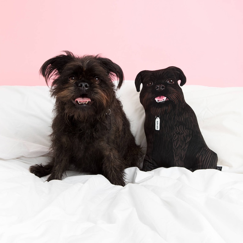 May include: Two black dogs, one a plush toy, are sitting on a white bed with a pink background. The plush dog has a silver tag around its neck.