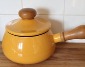 RESERVED Bright Yellow enamel saucepan with lid and wooden handle. 1970's, Very cheerful. Fondue Pot.