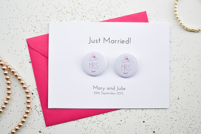 Personalised Lesbian Wedding Card with Badges Mrs and Mrs Same Sex