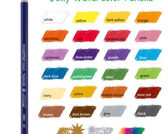 May include: A dark blue watercolor pencil next to a color chart with 24 color swatches, including white, yellow, red, and green. The text "Jolly Watercolor Pencils" is at the top.