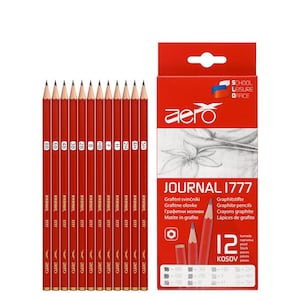 May include: A set of 12 red pencils with black lead in various grades, including 8B, 6B, 4B, 3B, 2B, B, HB, F, H, 2H, 4H, and 5H. The pencils are labeled "Journal 1777" and "aero". The packaging is red and features the text "School Leisure Office" and "Journal 1777".