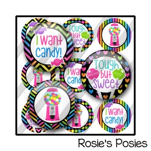 Candy Bottle Cap Image Sheet, I Want Candy, Lollipop, Gum, Neon Colors