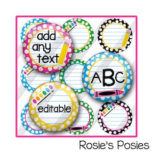 May include: Set of nine colorful polka dot circle labels with a school theme. The labels feature a variety of school supplies, including pencils, crayons, paintbrushes, and a ruler. The labels are editable and can be used for a variety of purposes, such as labeling classroom supplies, organizing student work, or creating fun classroom decorations.