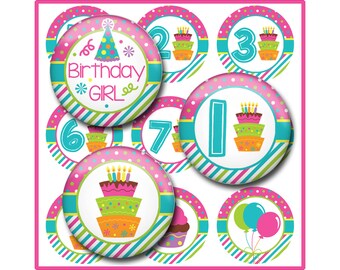 Birthday Bottle Cap Image Sheet, First Birthday to Tenth Birthday, Birthday Girl