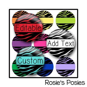 Puede incluir: Nueve pegatinas redondas de estampado de cebra en blanco y negro con rayas de colores. Las pegatinas tienen texto que dice "Editable", "Agregar texto" y "Personalizado".