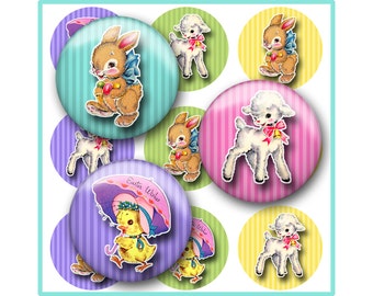Easter Bottle Cap Image Sheet, Cute Baby Animals, Bunny, Lamb, Chick, Pastel