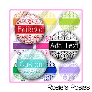 Peut inclure: Neuf autocollants ronds, imprimables et colorés avec un motif décoratif. Les autocollants comportent le texte "Editable", "Ajouter du texte" et "Personnalisé".
