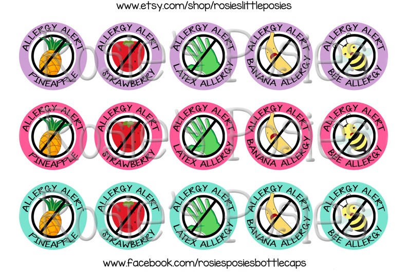Allergy Medical Alert Bottle Cap Image Sheet, Latex, Bee, Strawberry