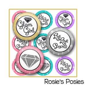 May include: Nine round, glittery, adhesive cupcake toppers with various designs. The designs include a diamond, "Glam Girl" with a diamond, and "Live Love Sparkle".