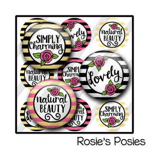 Charming Bottle Cap Image Sheet, Gold Pink Black, Beauty, Lovely Printable