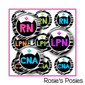 May include: A set of nine black and white zebra print round stickers with different nursing titles. The titles include RN, LPN, and CNA. The titles are in different colors, including pink, blue, green, and turquoise.