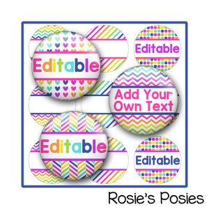 Editable Bottle Cap Image Sheet, Rainbow Colors, Candy, Monogram, Printable Sticker Label