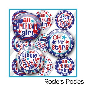 4th of July Bottle Cap Image Sheet, Fireworks Firecracker Patriotic USA, American Girl Fourth Printable