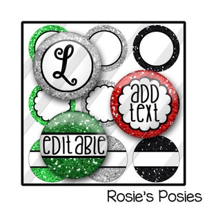 Puede incluir: Conjunto de 10 círculos de papel digital imprimibles para scrapbooking con texturas de purpurina en verde, plata, negro y rojo. Los círculos presentan varios diseños, incluyendo una letra L, texto editable y círculos en blanco.