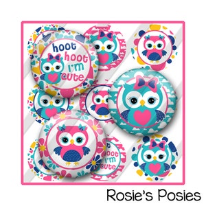 May include: Set of 10 round printable scrapbook paper designs featuring a cute cartoon owl with pink, blue, and yellow accents. The owl is wearing a blue bow and the text "hoot hoot I'm cute" is on one of the designs.