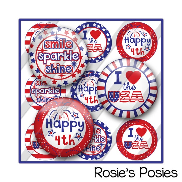 4th of July Bottle Cap Image Sheet, Fireworks Sparkle Patriotic USA, Flag Fourth Printable