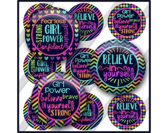 Quotes Bottle Cap Image Sheet, Girl Power, Brave, Confident, Inspirational Rainbow Jewelry Image, Bow Center