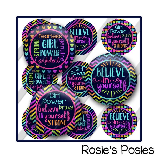 Quotes Bottle Cap Image Sheet, Girl Power, Brave, Confident, Inspirational Rainbow Jewelry Image, Bow Center