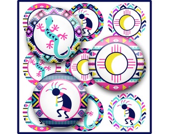 Aztec Tribal Bottle Cap Image Sheet, Kokopelli, Gecko, Indian Sun Moon, Southwest