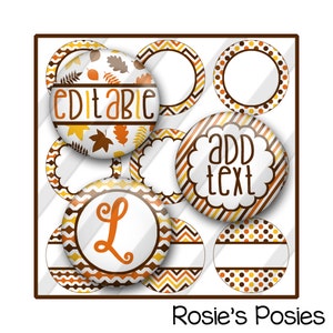May include: Set of eight printable fall-themed circle labels with brown, orange, and yellow chevron, polka dot, and leaf patterns. The labels are editable and say "add text" and "editable".