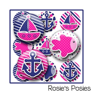 Nautical Bottle Cap Image Sheet, Pink Navy, Summer, Sea, Sailor Girl