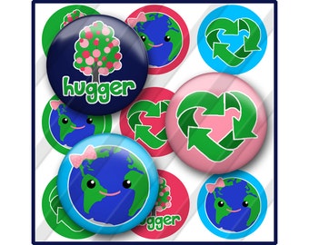 Earth Day Bottle Cap Image Sheet, Recycle, Tree Hugger, Green