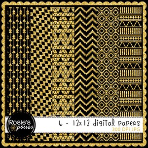 Glitter Digital Papers, Black and Gold Geometric, Southwest, Tribal Scrapbook Paper