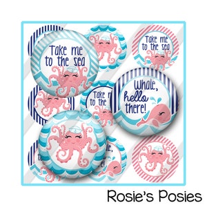 Nautical Bottle Cap Image Sheet, Octopus, Whale, Beach Sayings Printable