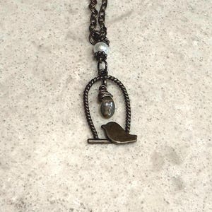 May include: A bronze-toned necklace featuring a birdcage pendant with a small bird silhouette and a teardrop-shaped stone. The necklace has a delicate chain and a small pearl accent. The birdcage design adds a whimsical touch.