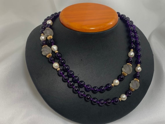 Vintage Amethyst, Carved Rock Crystal, Pearls, 14… - image 1