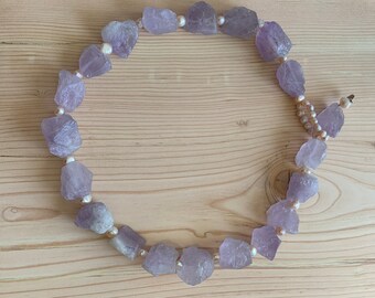 Raw Amethyst & FW Pearl Beaded Necklace STATEMENT