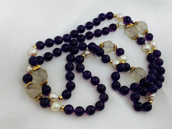 Vintage Amethyst, Carved Rock Crystal, Pearls, 14… - image 2