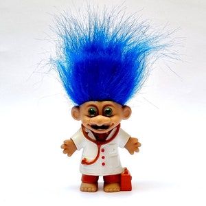 Vintage Russ troll doll doctor troll with mustache 4 inch good luck troll blue hair green eyes EXTREMELLY RARE