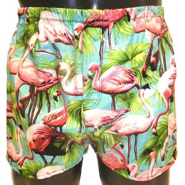 Mens Cotton Boxers Boxer Shorts Aqua Pink Flamingo's S M L or XL Open Fly Front Hand Made Mooners UK  Kitsch Boxers Underwear Pants Custom