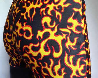 Mens Lycra boxers, 'Hellfire', Festival Clothing, Flames Print, Burning Man, Mens festival, Swimwear, Beachwear, Gay Clubwear, Pride