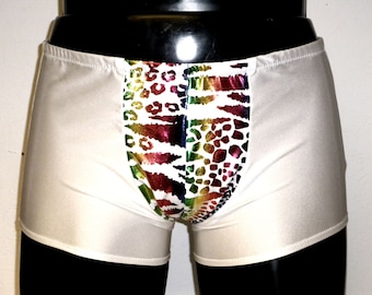 Mens Lycra Boxer Briefs White Metallic Rainbow Animal Print Spandex Pouch Front Hotpants Burning Man Festival Pride Underwear Gay