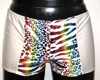 Mens Lycra Low Rise Hotpants/Shorts L XL White Metallic Rainbow Animal Print Club Dance Festival Swim Burning Man Pride, Booty shorts Pole