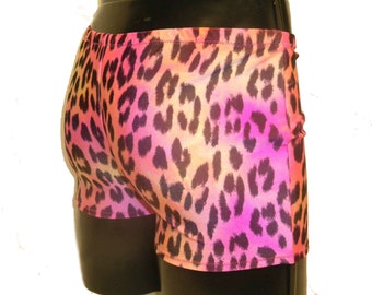 Mens Tropical Leopard Spandex Shorts Lycra Hot Yoga Bikram Dance Burning MAn Festival Stretch Animal Print Hotpants Pink Orange