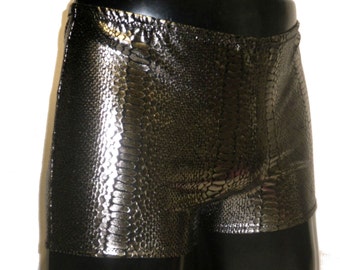 Mens Metallic Shorts, Spandex Hotpants, XL, Booty Shorts, Pewter, Silver, Snake Skin Print, Snakeskin, Mens Festival Clothing, Mooners UK