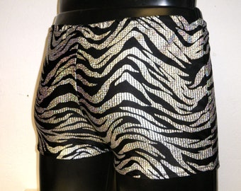 Mens spandex booty shorts, black silver tiger print, animal print, burning man, festival, swimwear, lycra, boxers, pride