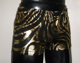 Mens Metallic Shorts, 'Wrought Iron', Black, Gold Hotpants, Spandex, Festival Clothing, Mens Dancewear, Mooners UK, Burning Man, Clubwear