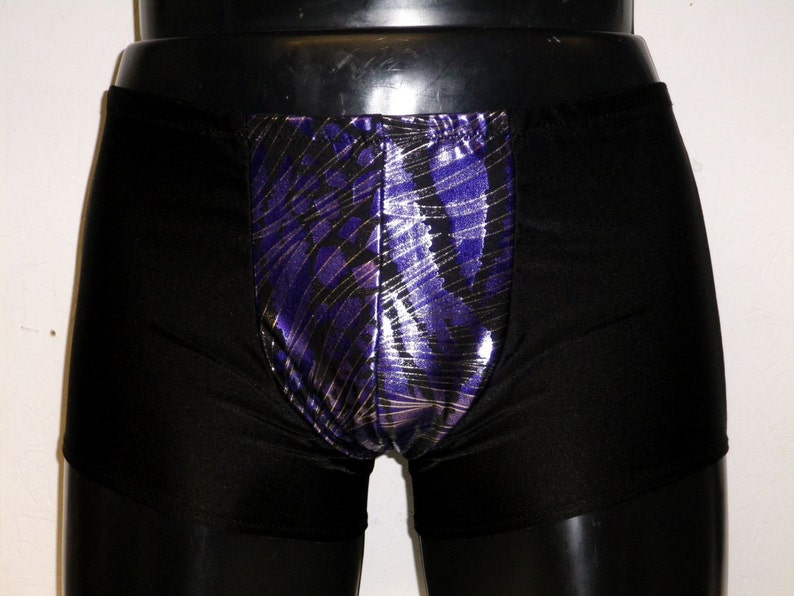 Mens Underwear Boxer Briefs Spandex Black Metallic Purple Animal Print Lycra Pouch Front Hotpants Burning Man Swim Stretch Pants Mooners UK image 1