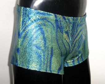 Mens Mini Boxer Briefs, Metallic Booty Shorts, Mermaid Swirl Spandex, Festival Clothing, Burning Man, Blue, Green, MoonersUK, Pride Clothing