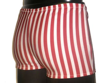 Clearance -  Mens Booty Shorts, Candy Cane, Stripe,  Lycra Hotpants, Christmas, Hot Yoga Bikram, Underwear Boxers, Burning Man