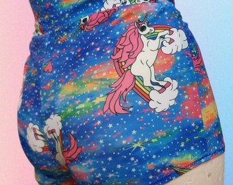 Stock - Unicorn High Waist Shorts, uk S, Small, Handmade Booty Shorts, High Waist, Rave, Festival, Gym, Dance, EDC, Creamfields Pride, Pole